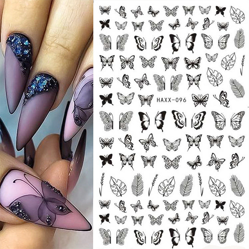 Black Butterfly & White Flower Nail Stickers – Adhesive Nail Decals